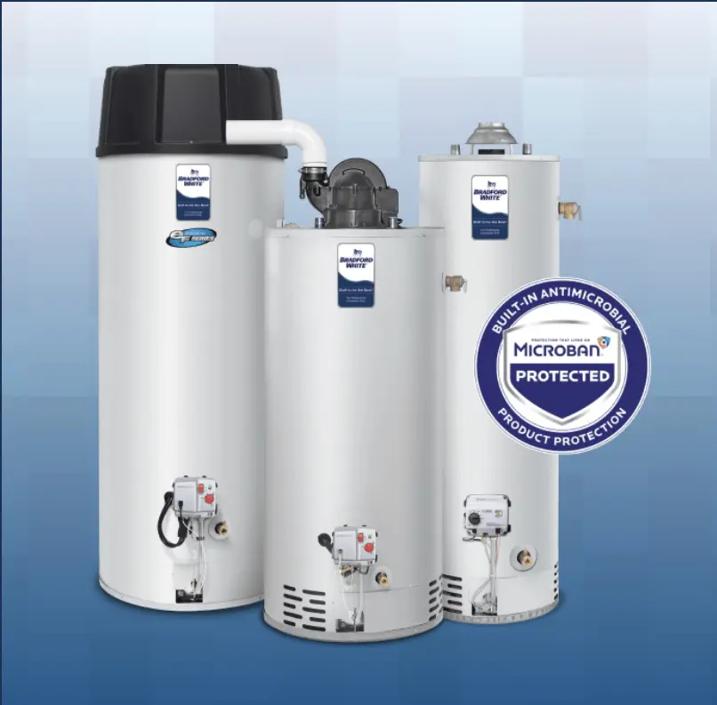 A group of water heaters with the blue and white logo on them.