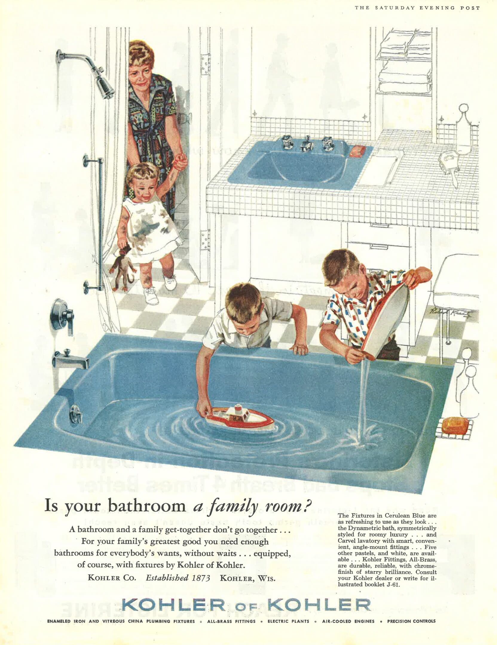 A family room with a bath tub and two children in it