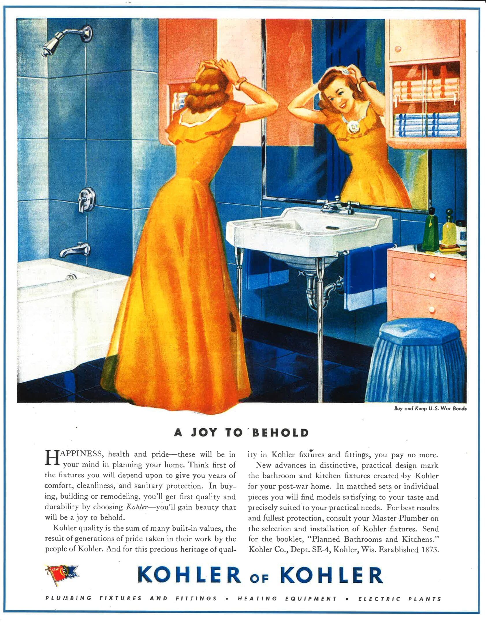 A woman in yellow dress standing next to a bathroom sink.