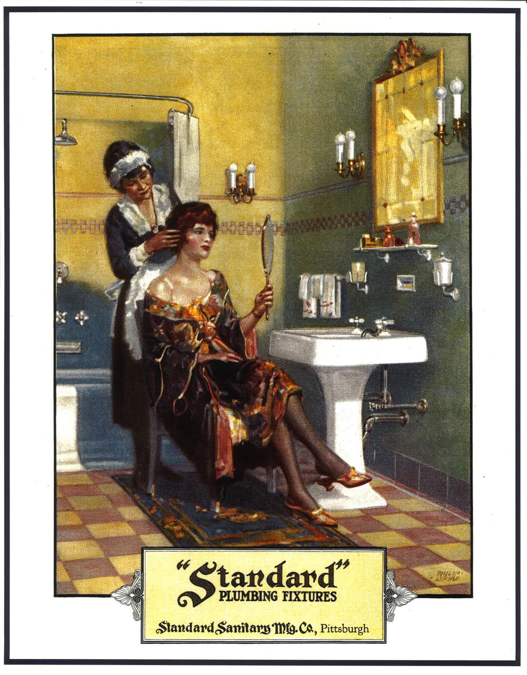 A woman sitting in front of a sink while another person sits on the chair.