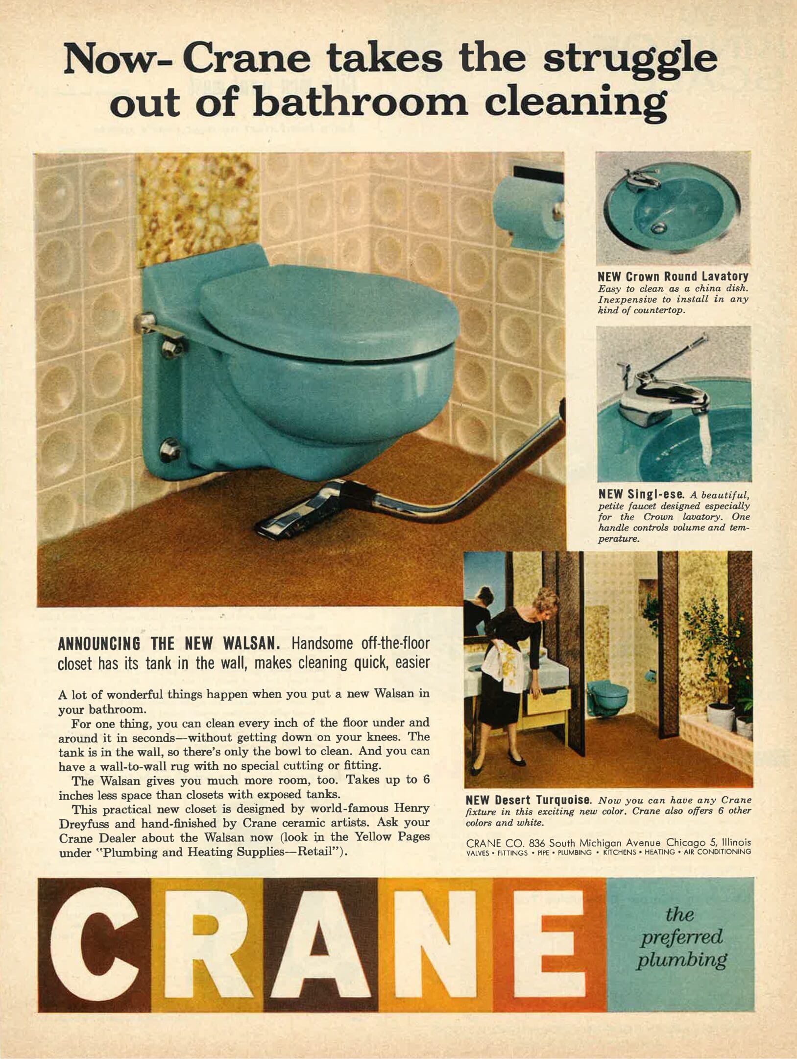 A vintage advertisement for crane toilet.