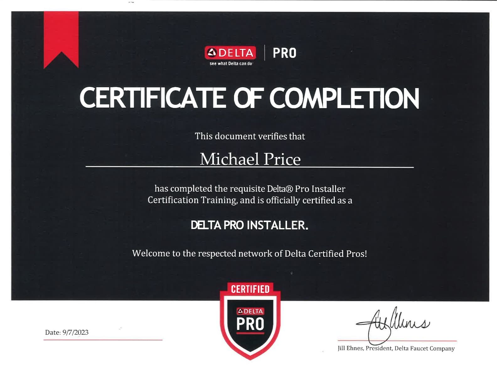 A certificate of completion for a delta pro installer.