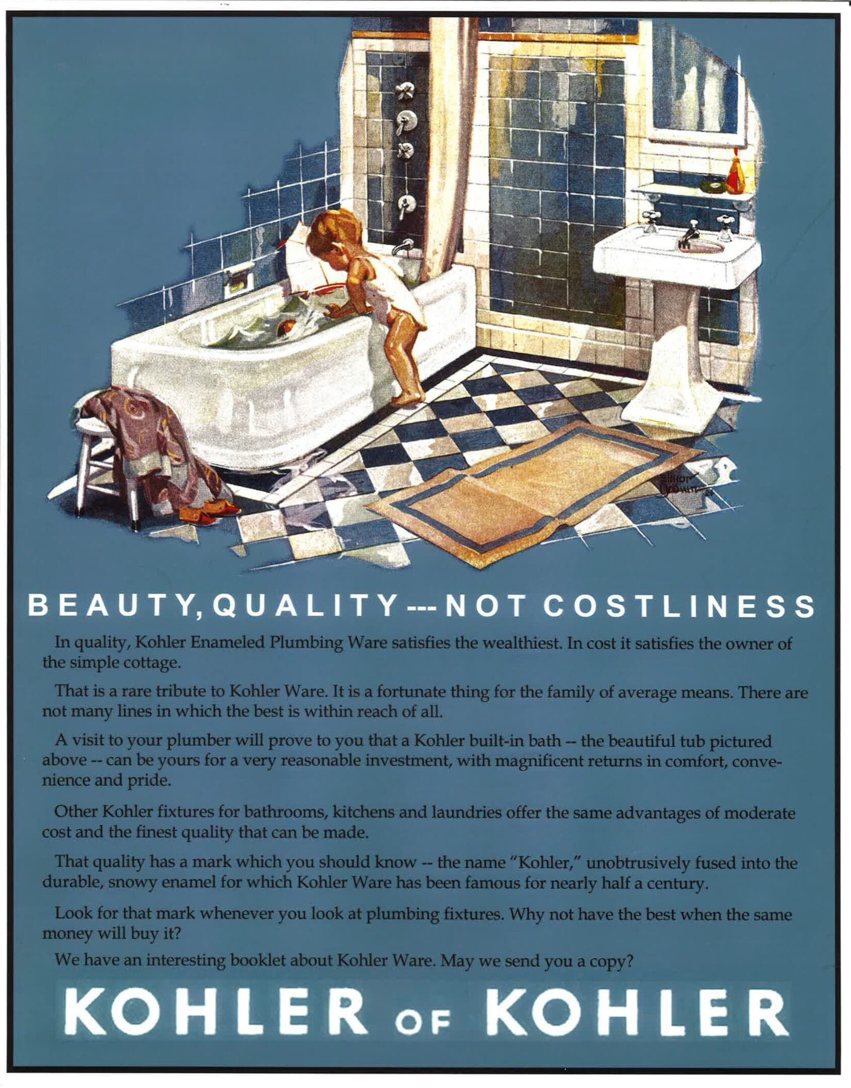 A poster of a bathroom with the words " beauty quality not costliness ".